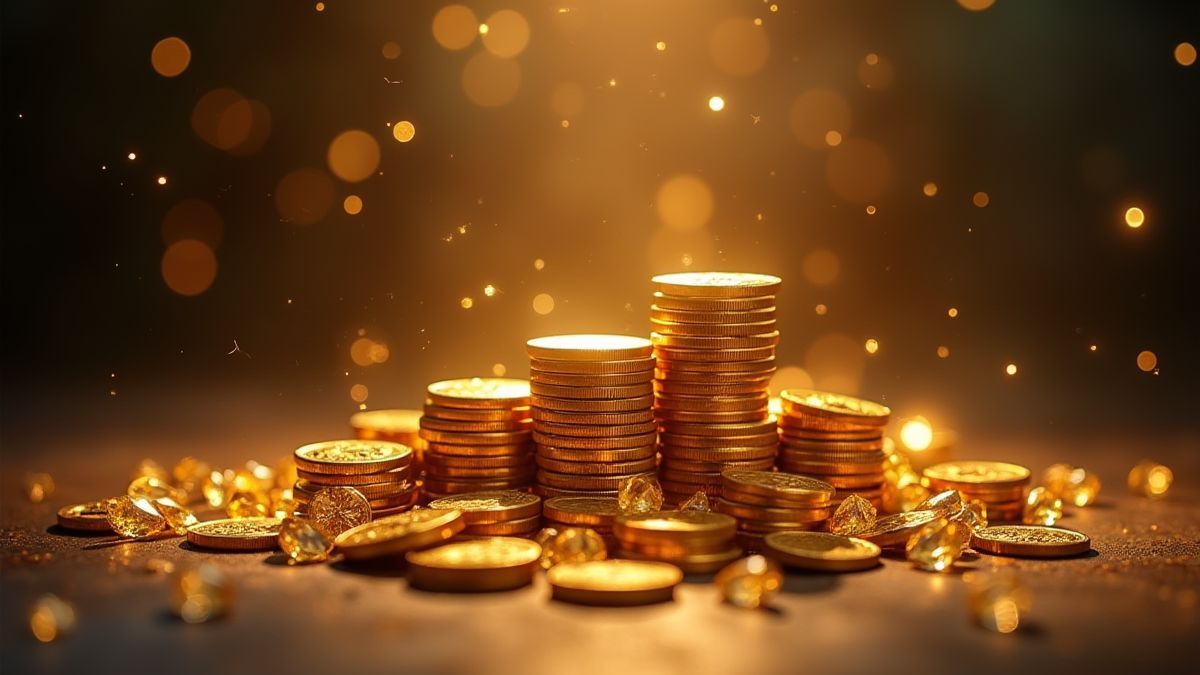 Des piles de pièces d'or et des diamants brillants sous une lumière magique.